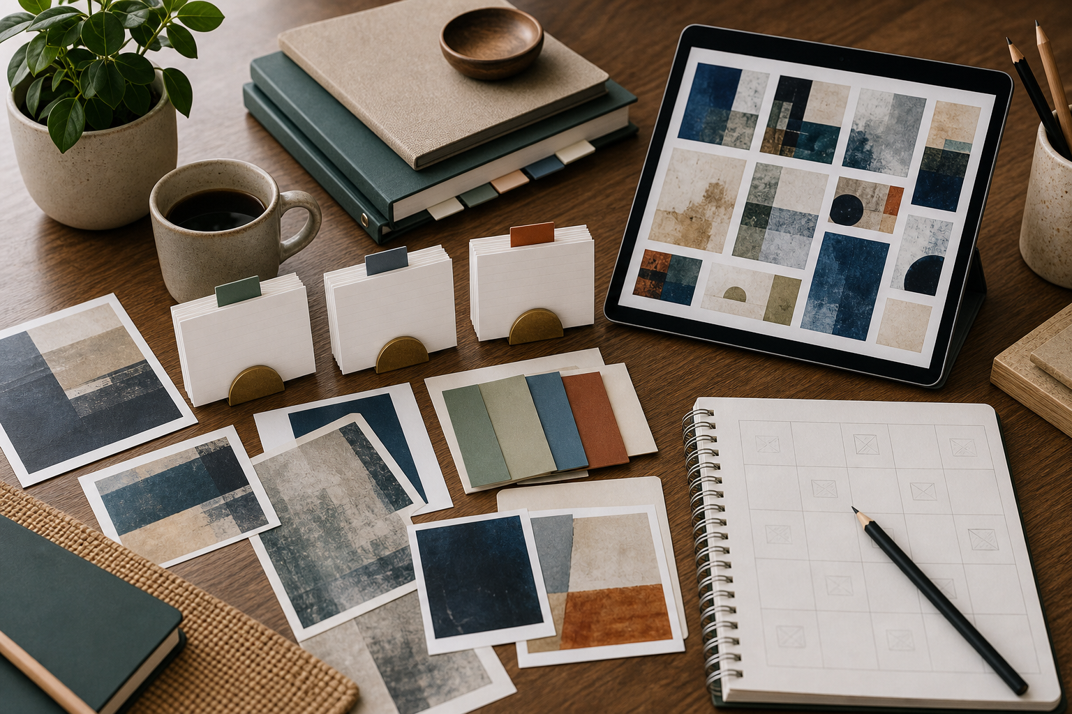 Editorial research desk with abstract digital art prints, source cards, and checklist notebook.