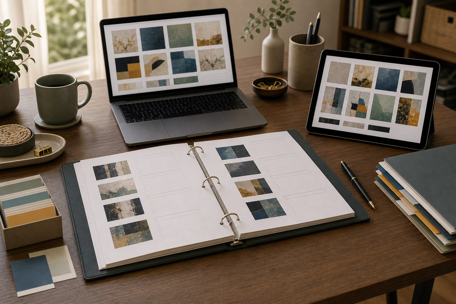 Organized digital art research report binder, source cards, and abstract artwork screens.