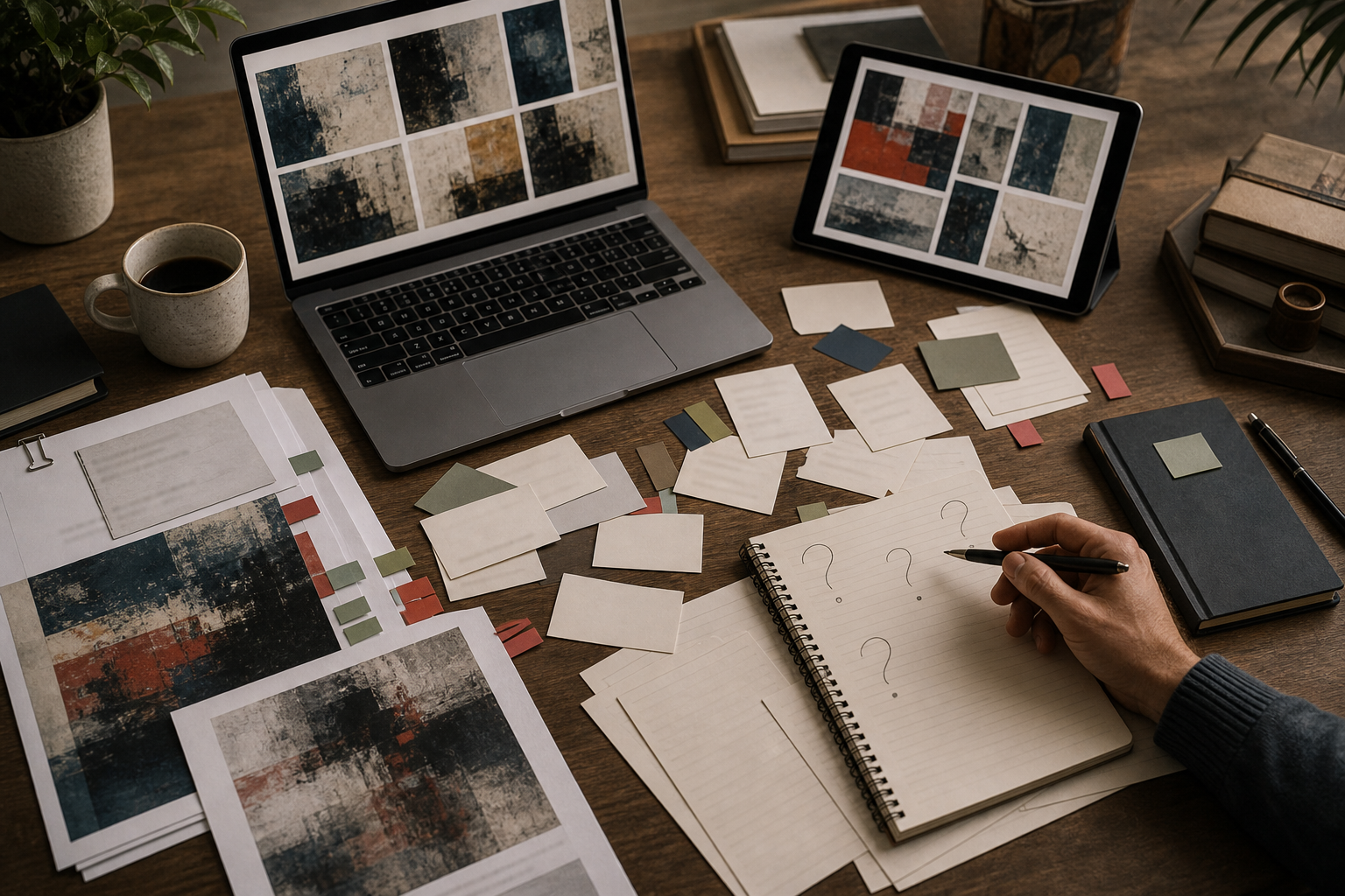 Scattered digital art source cards, artwork screens, and question notes before research structure.
