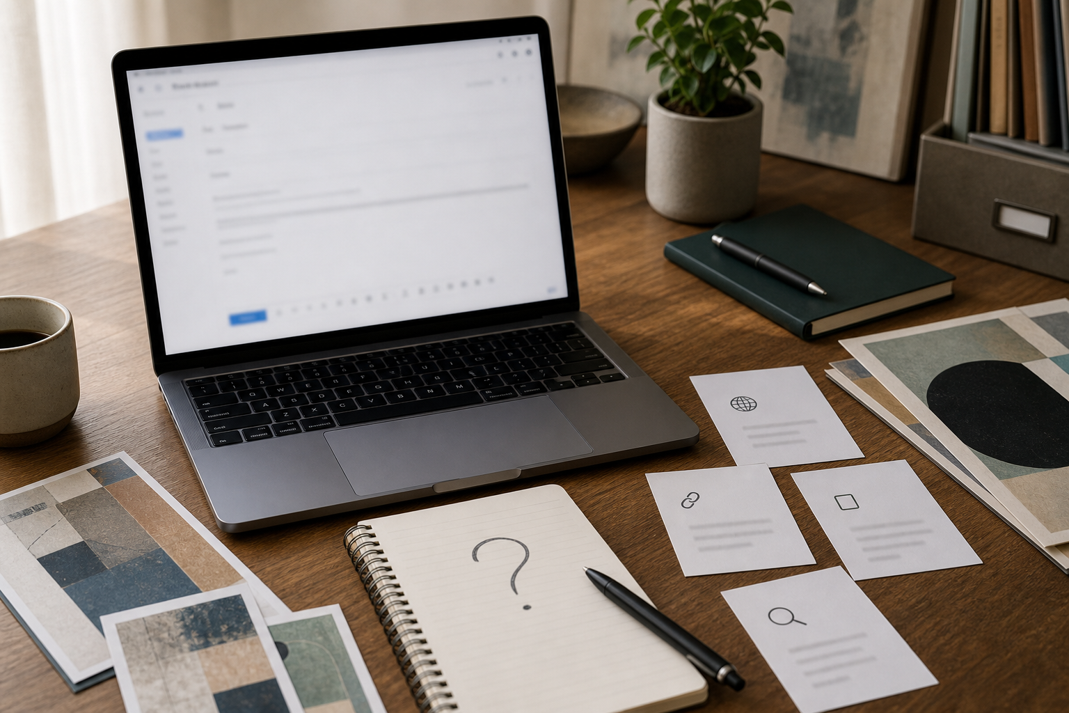 Email-first desk with abstract artwork source cards and one focused source question.
