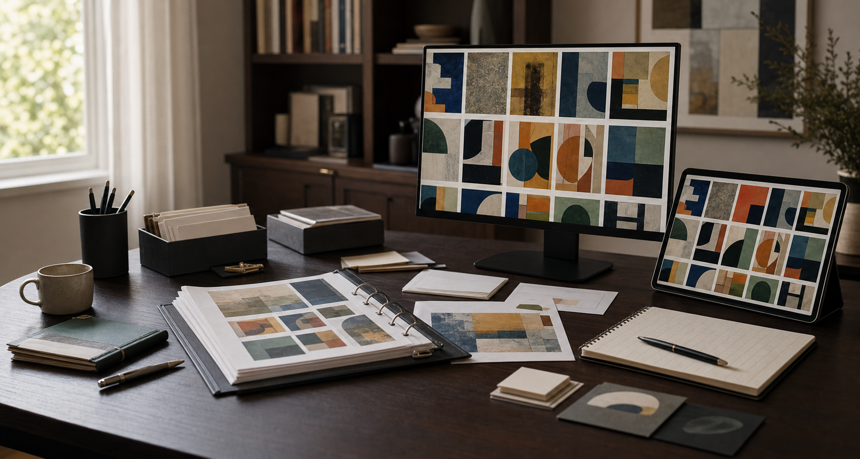 Digital art research desk with abstract artwork screens, report pages, and source cards.
