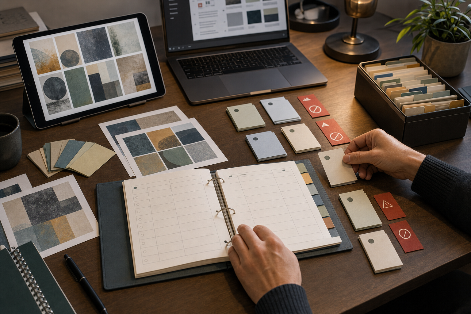 Hands arranging source cards beside a digital art research binder and abstract artwork tablet.