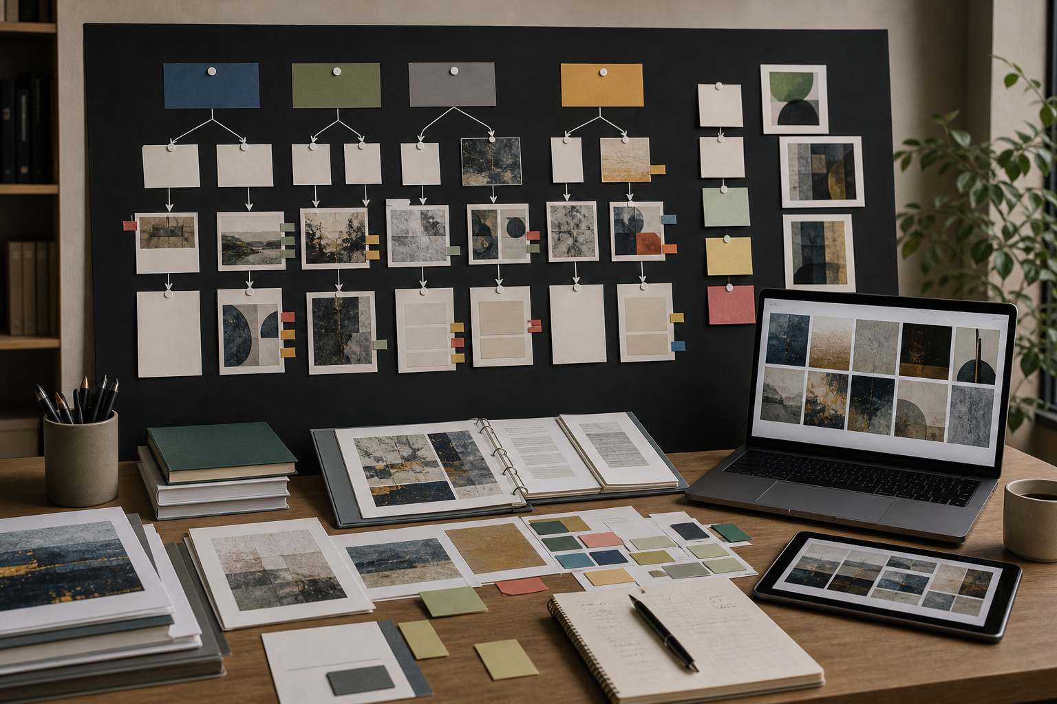 Digital art source hierarchy board with evidence cards, limitation flags, and abstract artwork references.