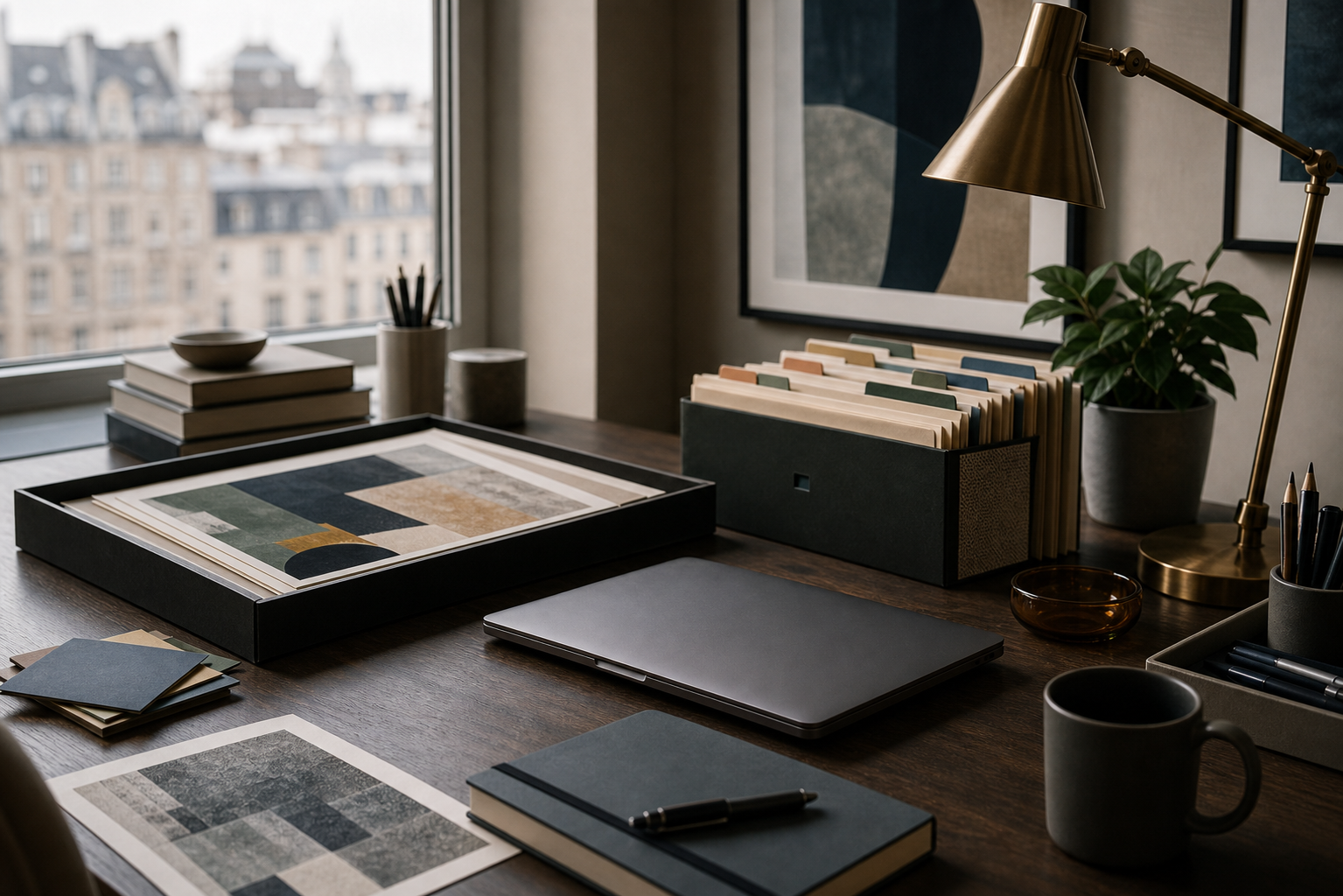 Quiet digital art research operator workspace with organized folders and abstract artwork prints.