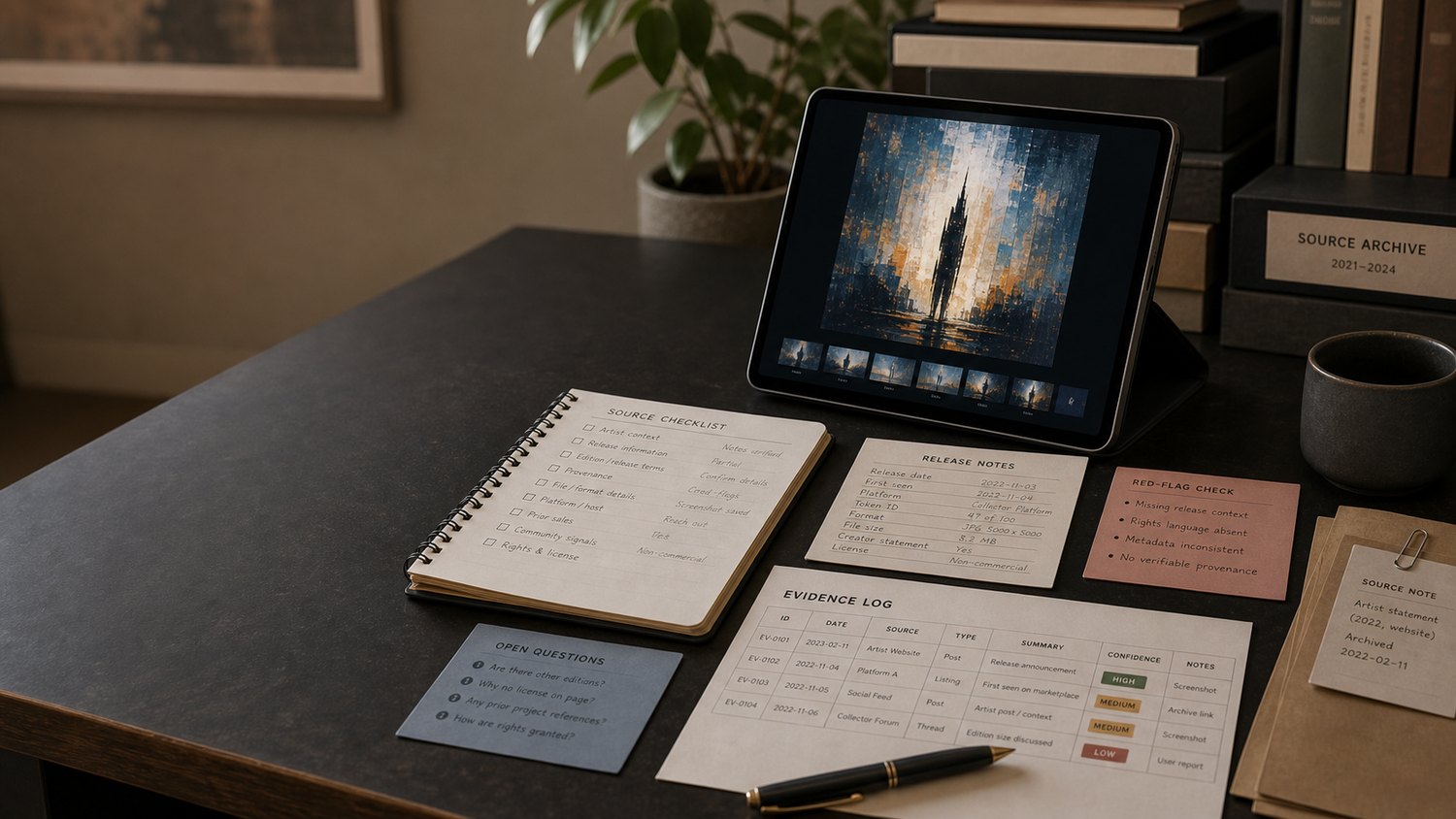 Veylaris article feature visual for evaluating digital artists with source notes and checklist cards