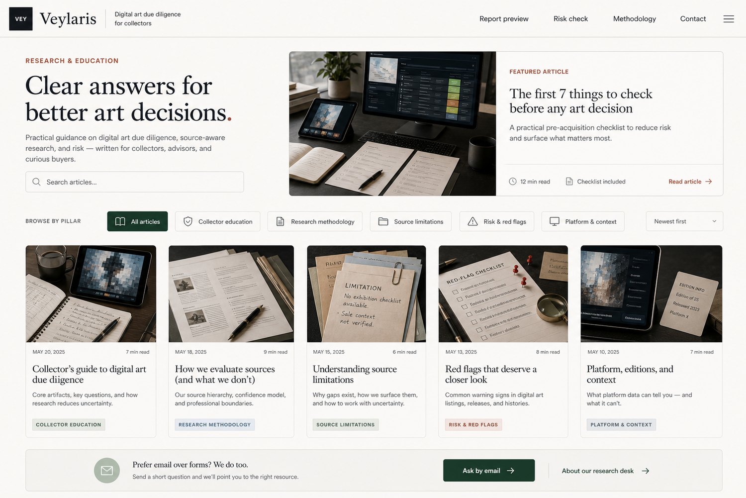 Veylaris blog hub visual with article cards and source-aware research routes