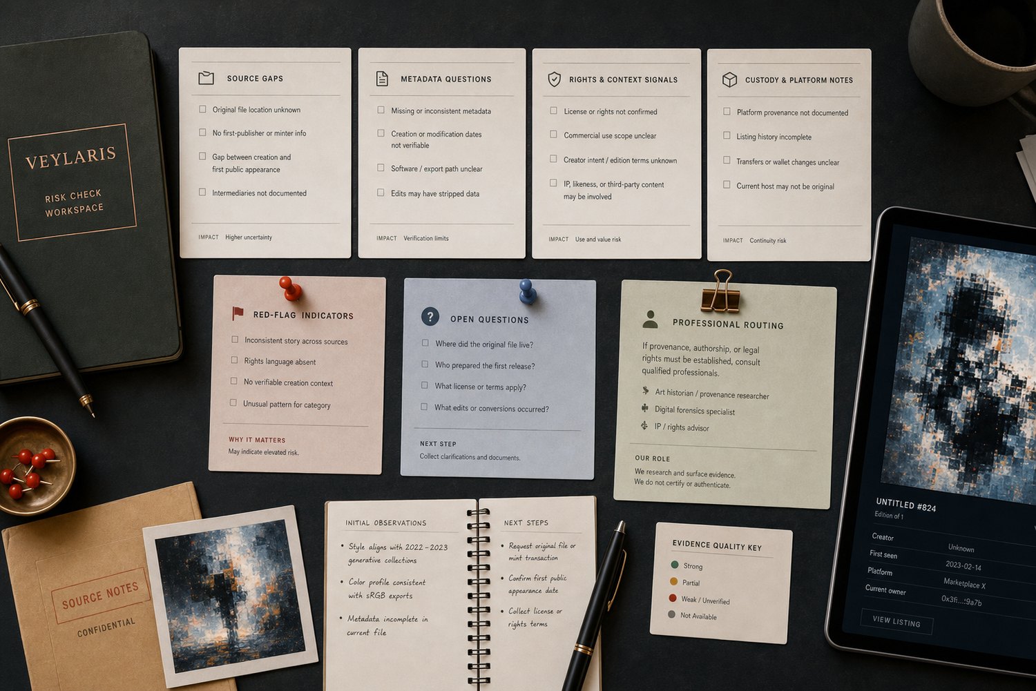 Veylaris collector risk check red flag board with source gaps and routing notes
