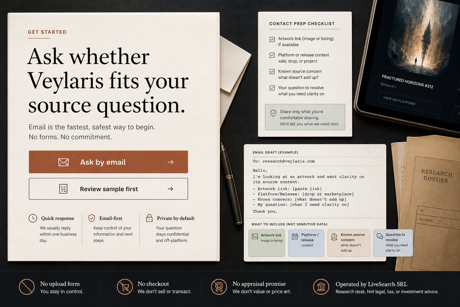 Veylaris email-first contact checklist with source question and redaction notes